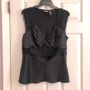 Satin Top Bisou bisou black dress with lace accents side zip semi-fitted sz 14